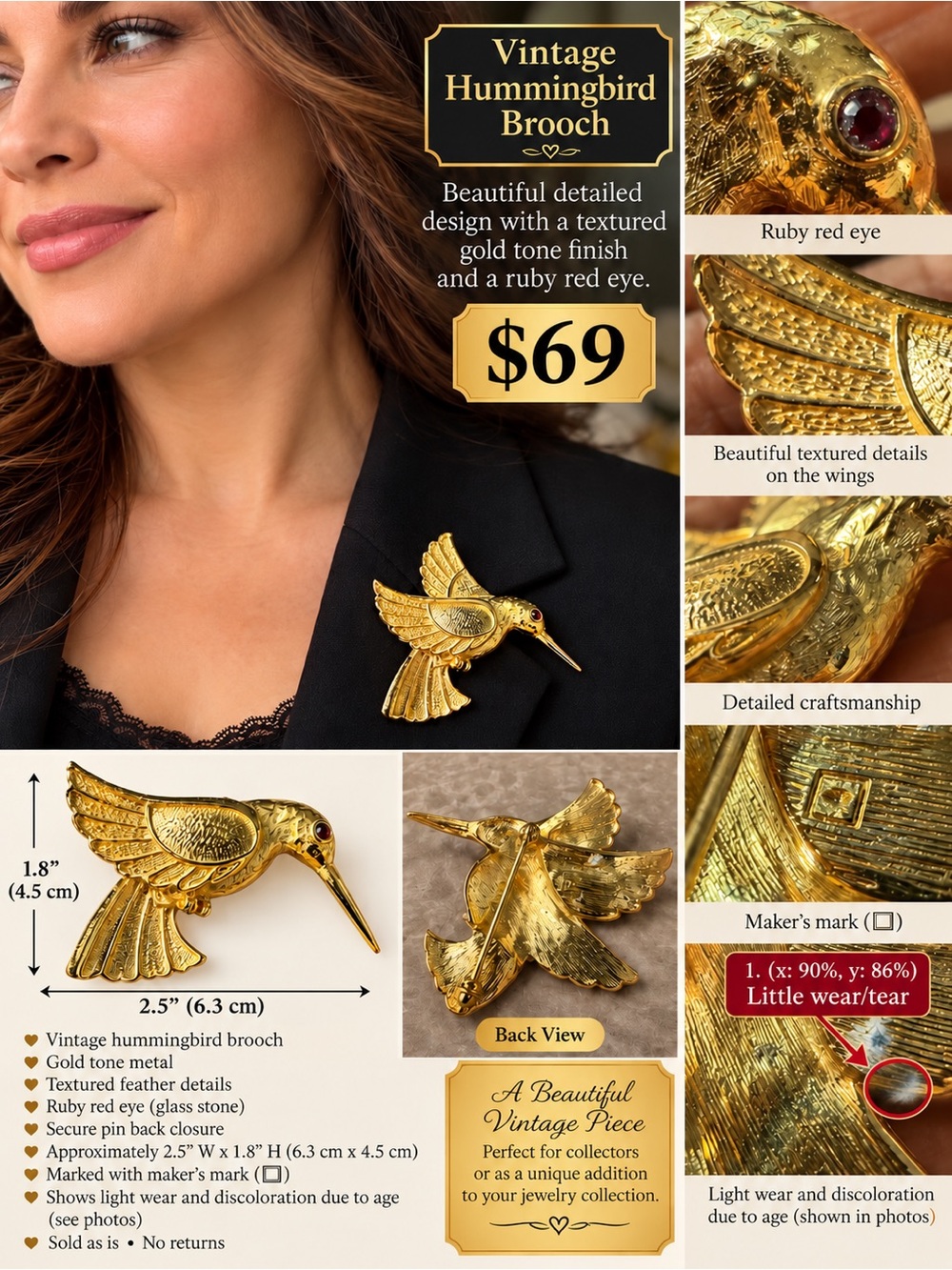 Vintage Hummingbird Brooch - Gold Tone with Ruby Red Eye